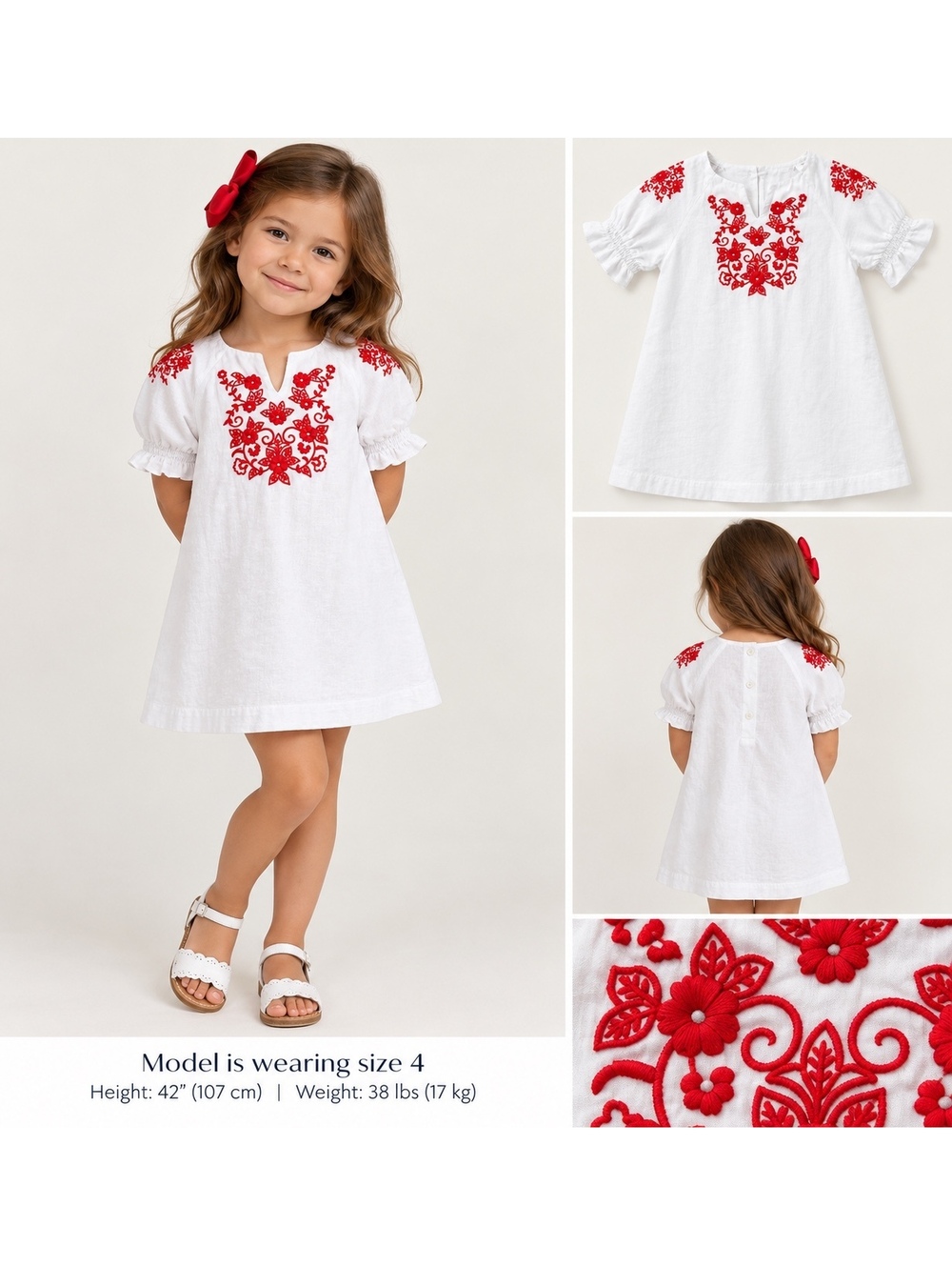 Janie and Jack Girls White Dress with Red Floral Embroidery Size 4